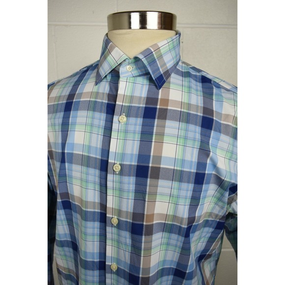 Peter Millar Crown Sport Mens Button Front Blue Plaid Shirt‎ Large - Picture 6 of 8